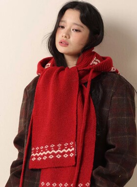 费尔岛提花针织围巾帽女红色连帽一体式保暖加厚毛线帽围脖二件套