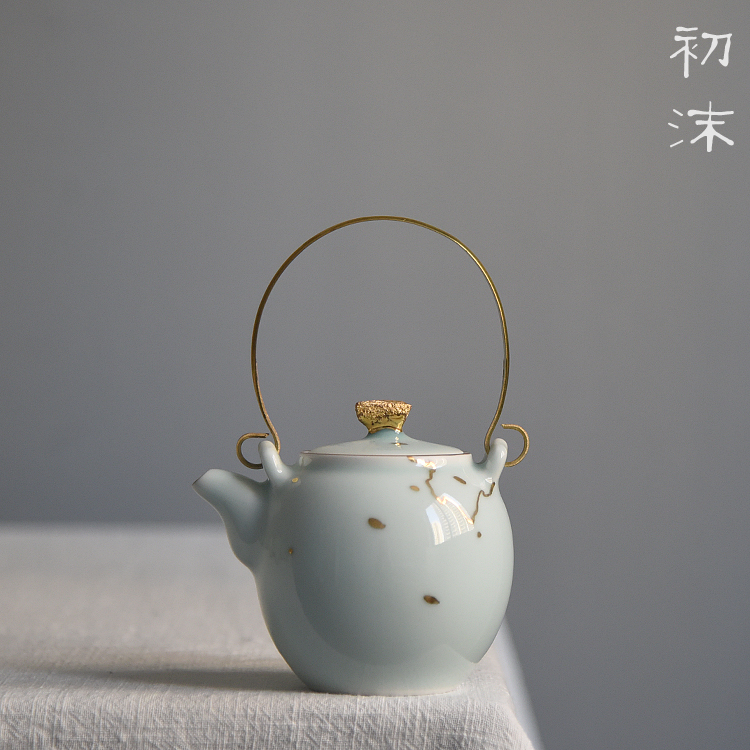 初沫陶社景德镇原创陶瓷手工描金泡茶壶影青铜提梁小茶壶功夫茶具238.00元包邮