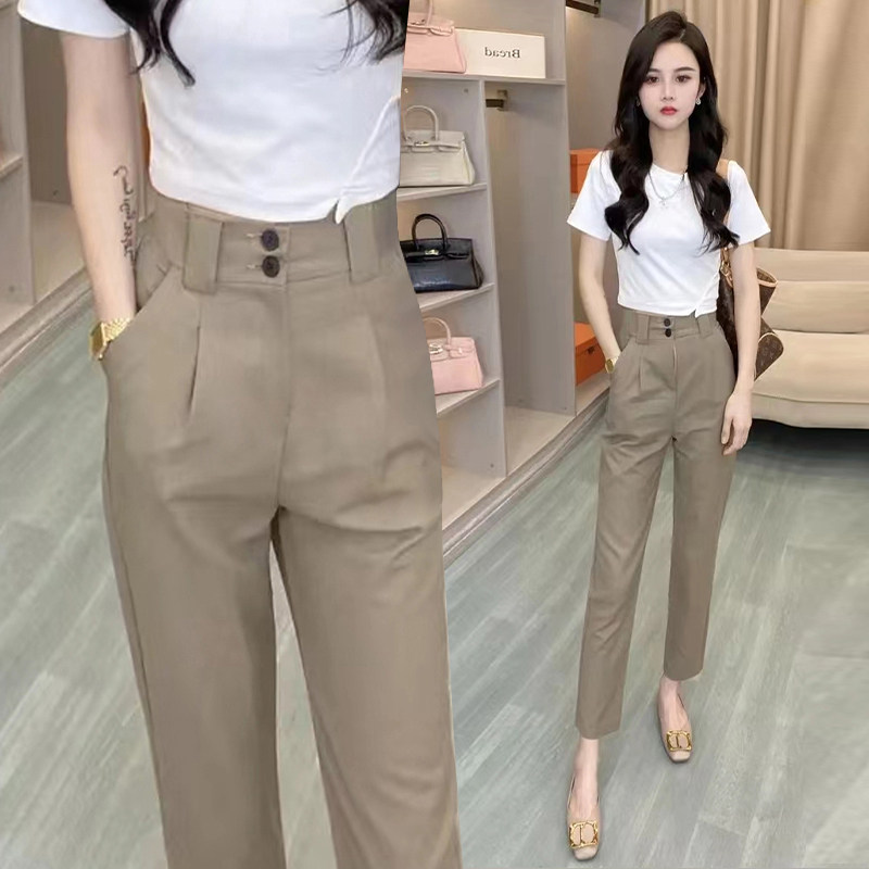 여름 여성 얇은 9부 정장 바지 하이웨이스트 스트레이트 2024 작은 사람들을 위한 새로운 얇은 얼음 실크 하렘 바지