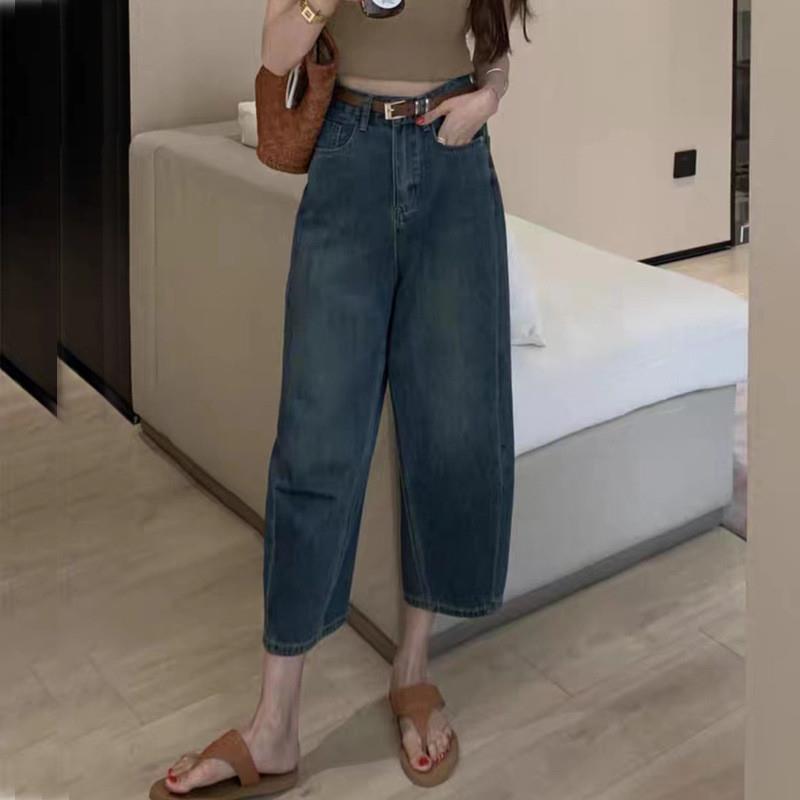复古高腰阔腿牛仔裤女夏季薄款宽松显瘦哈伦裤小个子九分香蕉裤子