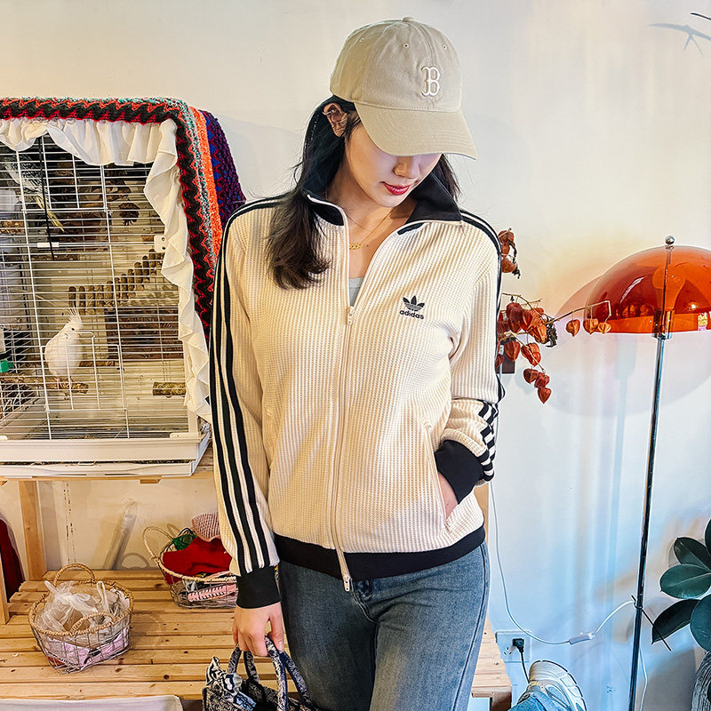 Adidas/阿迪达斯女子男子华夫格夹克 秋复古三叶草三条纹修身外套