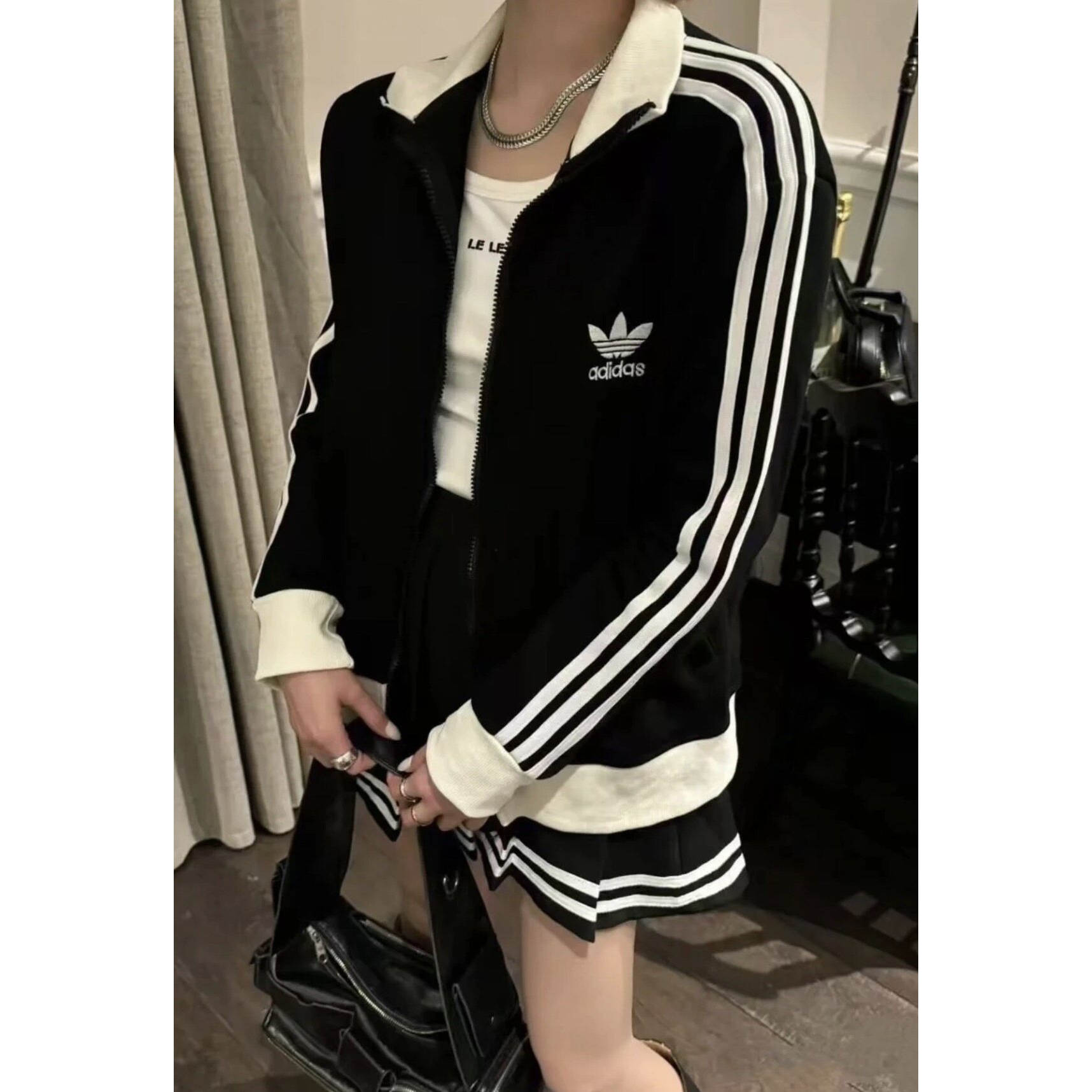 Adidas/阿迪达斯女子男子华夫格夹克 秋复古三叶草三条纹修身外套