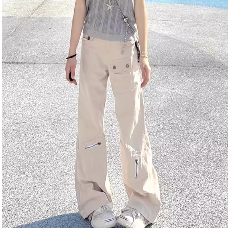 小个子杏色微喇叭牛仔工装裤女夏季新款多口袋直筒宽松显瘦阔腿裤