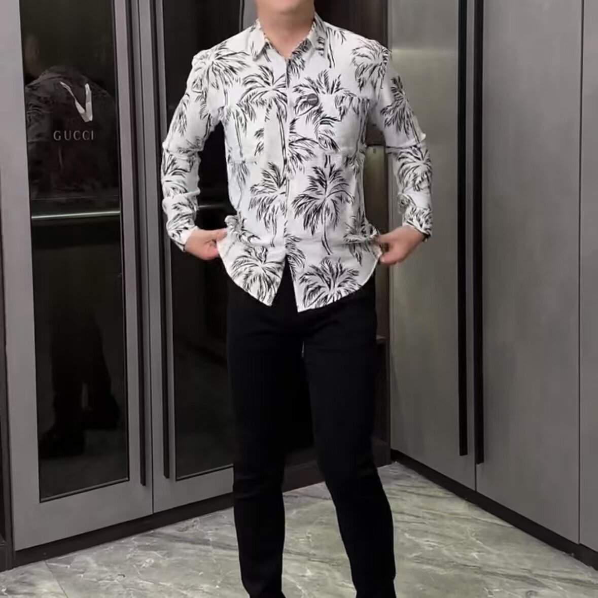 秋季新款男士时尚修身翻领商务休闲百搭简约印花潮流长袖衬衫上衣