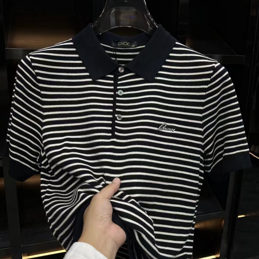 男士翻领POLO衫短袖条纹针织修身舒适商务休闲上衣