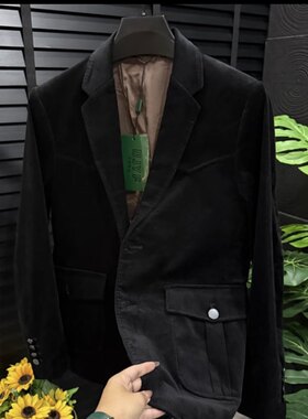 工装风男士黑色条绒商务西服