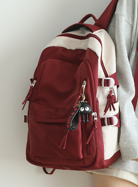 NR酒红色大容量双肩包女书包初中女生登山包电脑包旅游双肩背包
