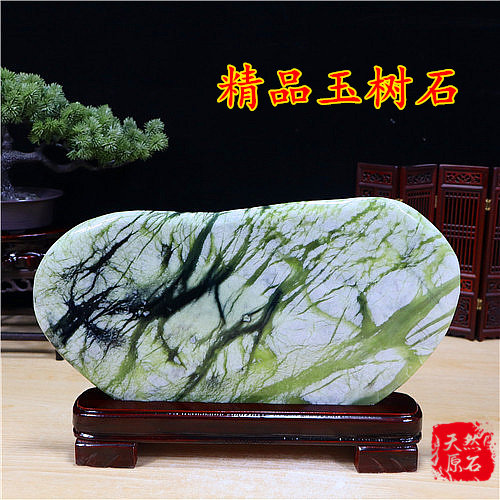 精品玉树石 岫玉原石 天然图案 岫岩玉奇石摆件包邮带底座玉石