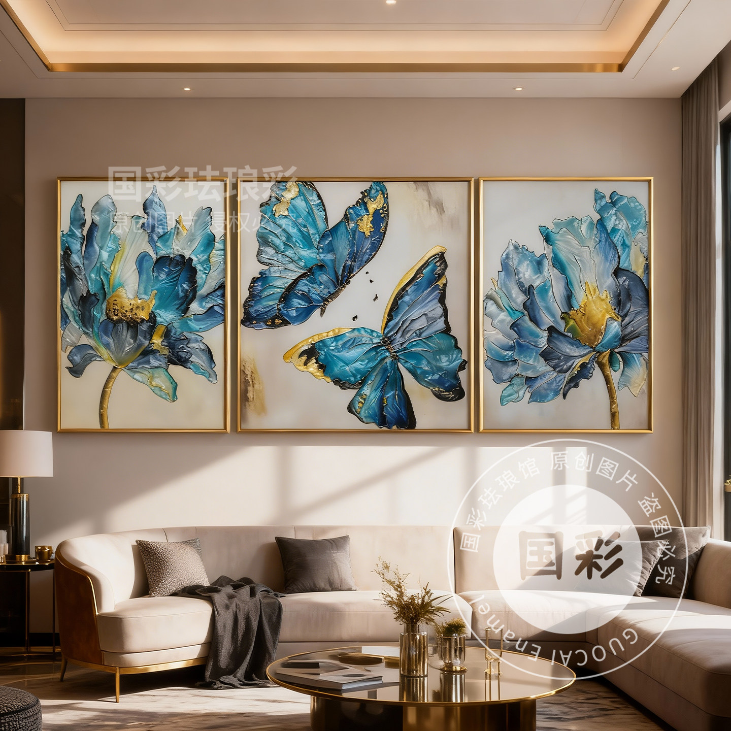 现代轻奢高档手绘珐琅彩工艺装饰画蝴蝶花卉客厅餐厅挂画三联定制,家居饰品,珐琅彩画,淘宝优惠券,粉丝福利购,淘宝优惠卷