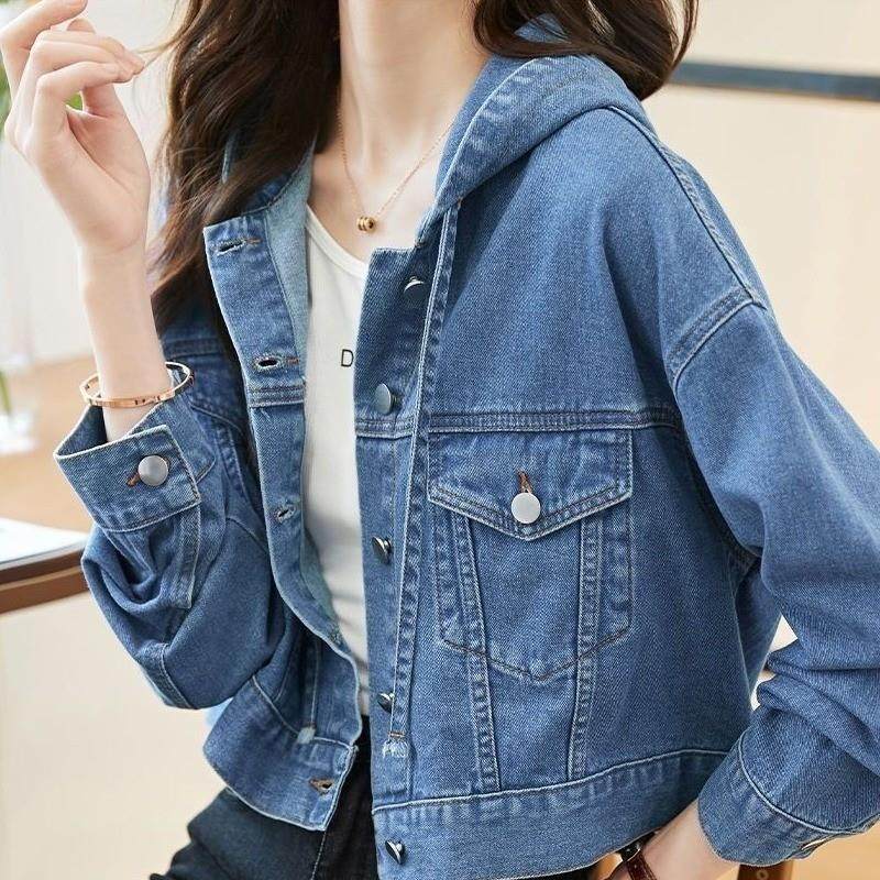 休闲短款牛仔外套2024秋季新款翻领宽松气质女士百搭上衣矮个子