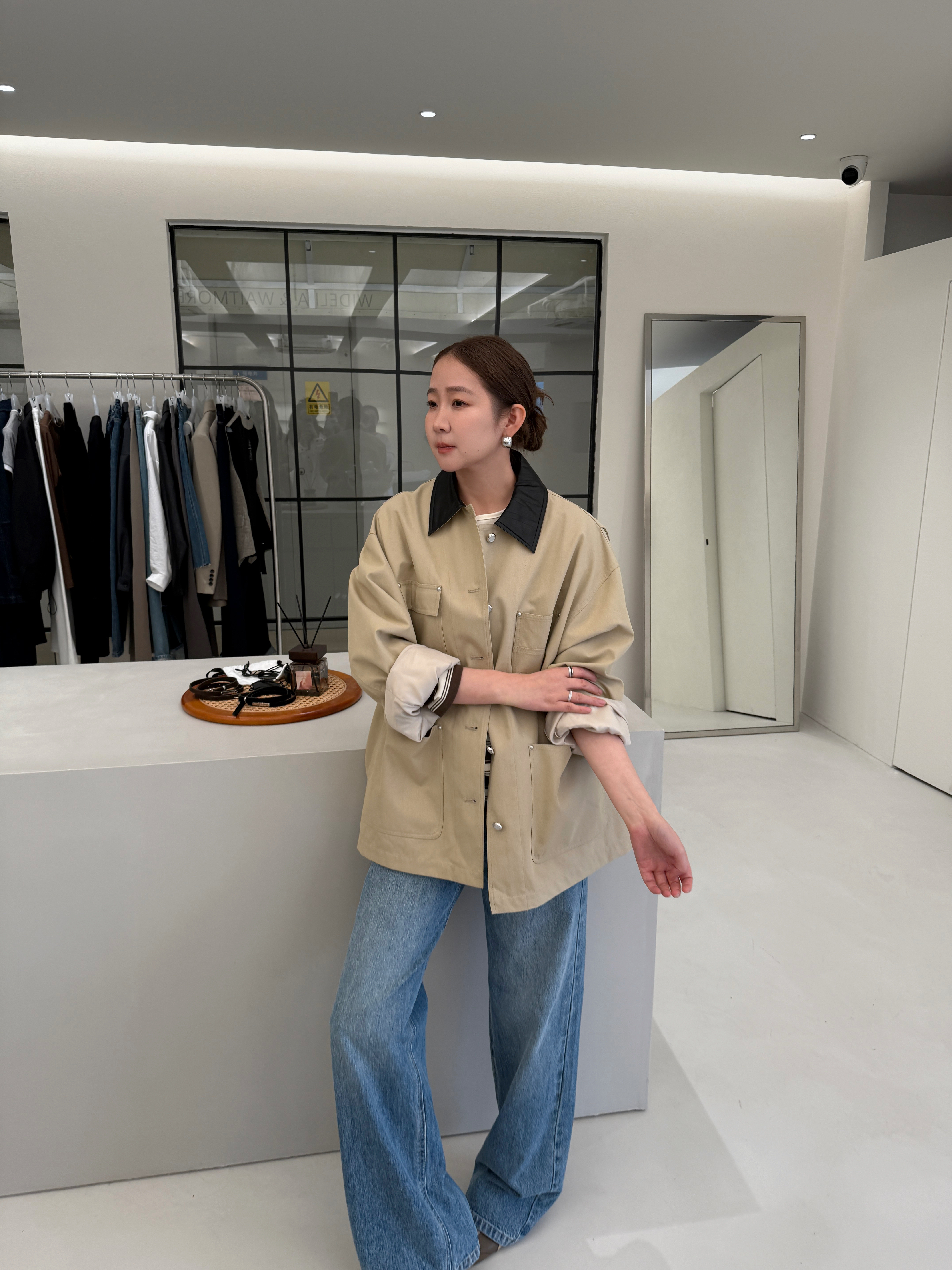 widelia美式复古翻领撞色风衣外套秋季宽松休闲中长款工装夹克女