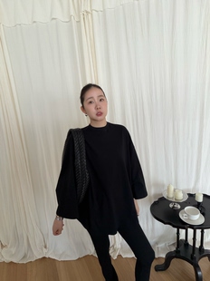 WIDELIA极简圆领大廓形中长款T恤女2026春季百搭慵懒九分袖上衣