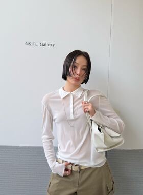 waitmore休闲翻领纽扣纯色薄透长袖T恤女2026年春季百搭显瘦上衣