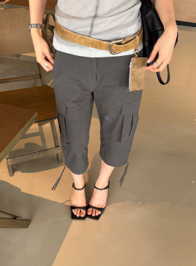 waitmore美式复古口袋工装裤显瘦七分裤女夏季修身拉链直筒休闲裤
