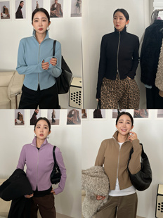 WIDELIA修身显瘦双拉链毛衣外套女秋冬休闲立领加绒百搭长袖上衣