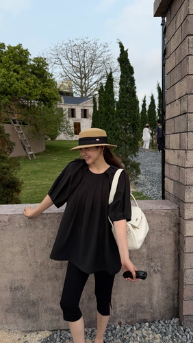 widelia小众圆领气质设计感短袖衬衫女夏季压褶显瘦宽松小衫上衣