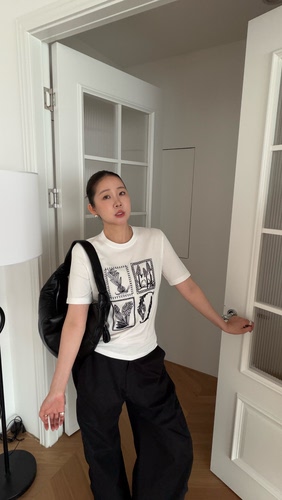 WIDELIA显瘦百搭圆领短袖T恤女宽松休闲显瘦设计感刺绣图案上衣