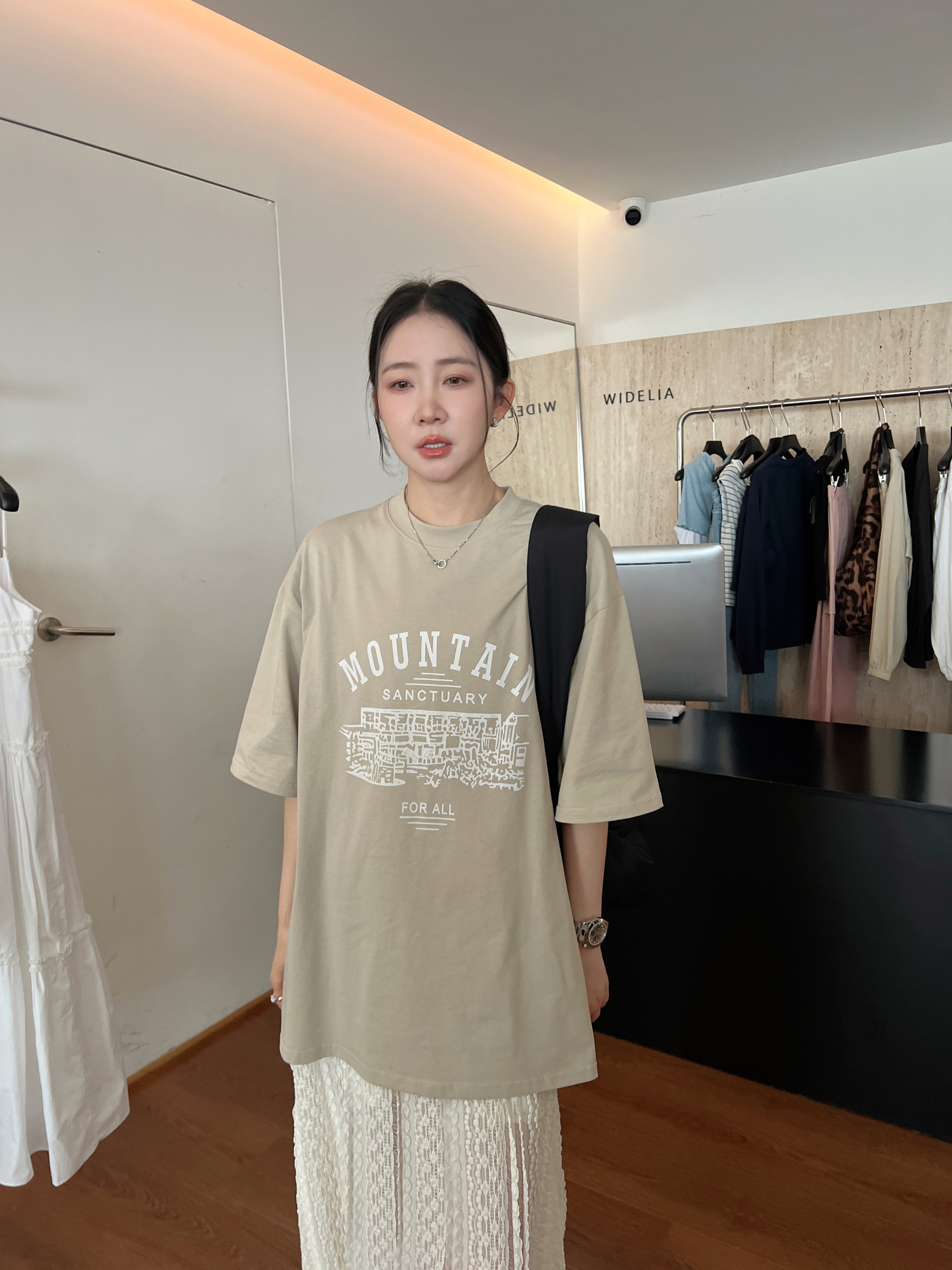WIDELIA休闲显瘦字母印花短袖上衣女2025夏季美式圆领宽松百搭T恤