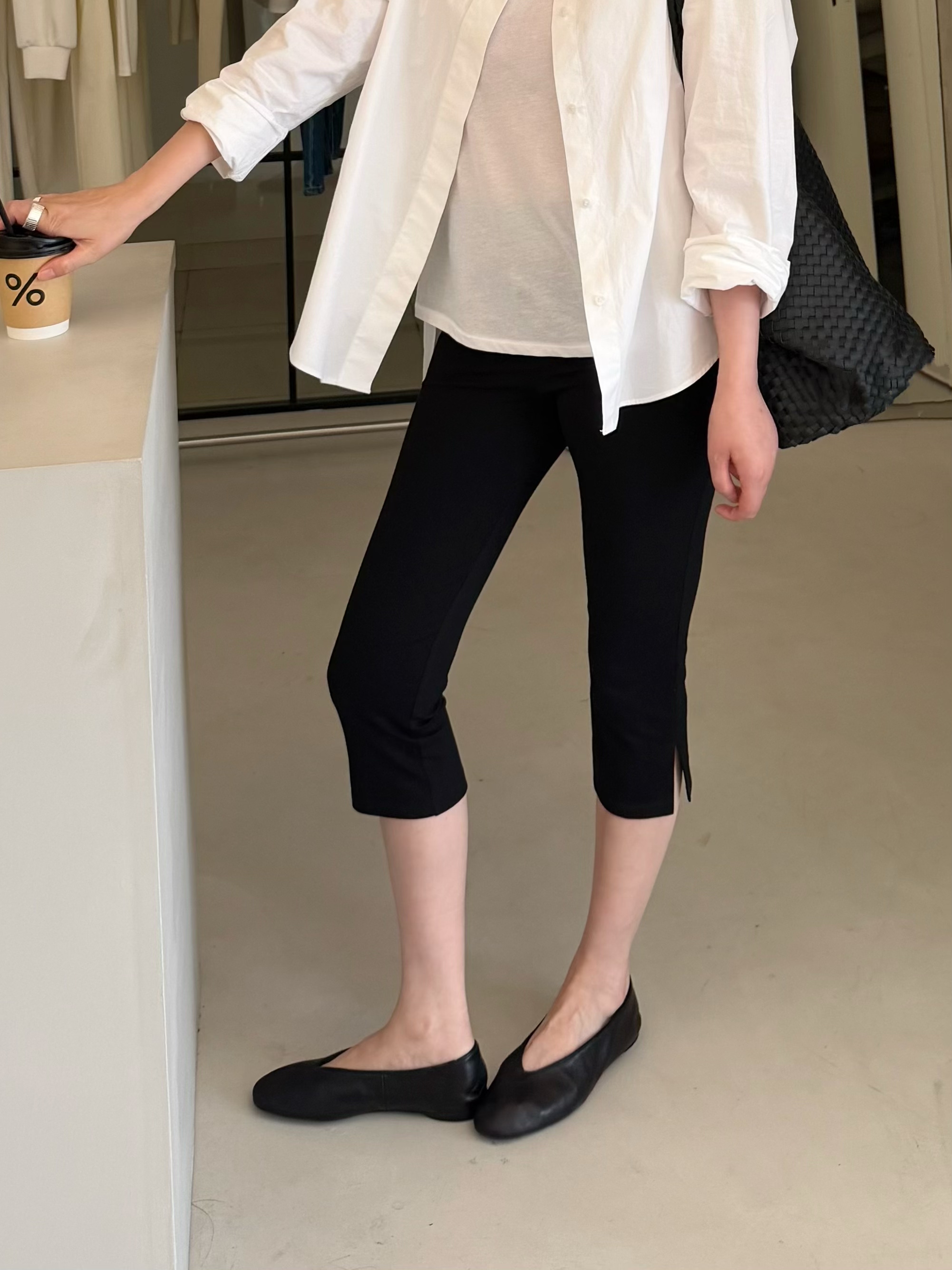 widelia时髦高弹显瘦紧身七分裤开衩百搭卡普里裤休闲中裤女7083