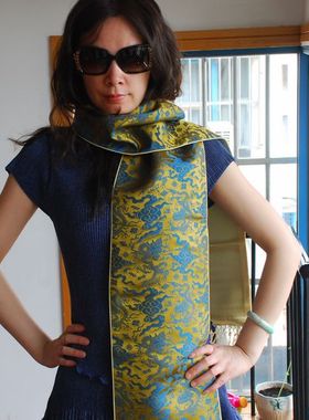 专柜正品南京云锦研究所吉祥云锦绿色纯手工八宝暗底龙纹围巾现货