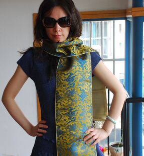 专柜正品南京云锦研究所吉祥云锦绿色纯手工八宝暗底龙纹围巾现货