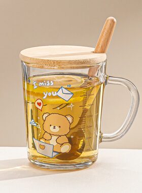 玻璃杯子ins高颜值水杯可爱卡通牛奶早餐杯盖刻度吸管杯宿舍办公