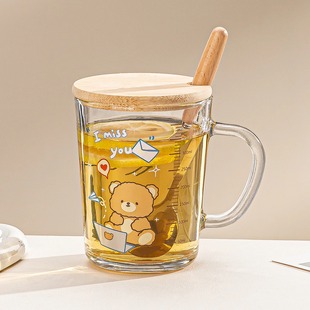 玻璃杯子ins高颜值水杯可爱卡通牛奶早餐杯盖刻度吸管杯宿舍办公