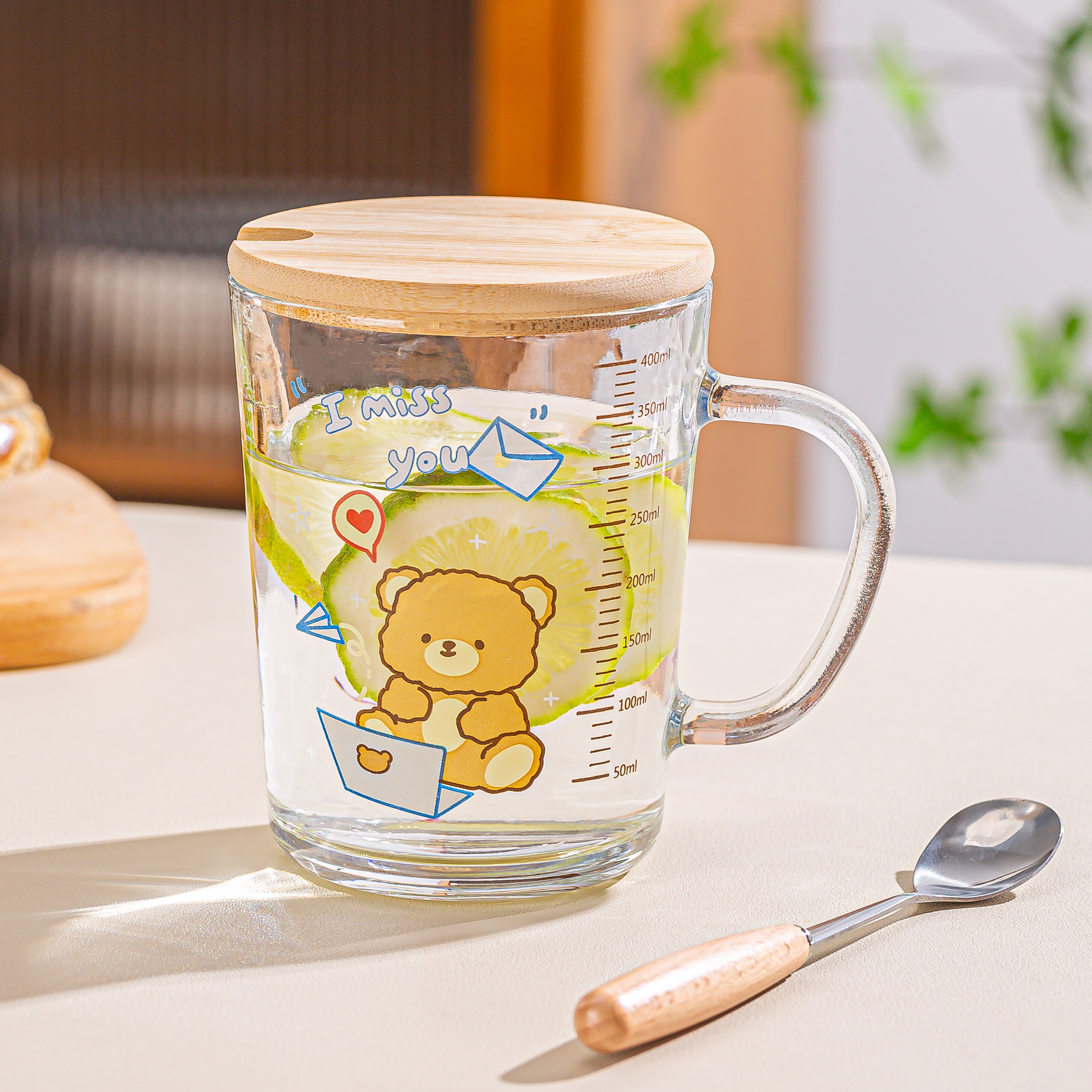 ins可爱小熊卡通玻璃杯带盖吸管杯盖勺耐热牛奶杯带把手水杯家用图片