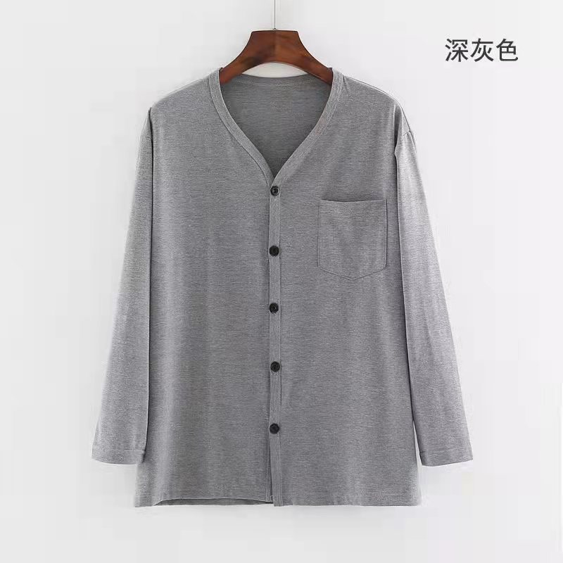 夏薄款中老年男士单件睡衣纯棉长袖开衫内衣宽松家居服上衣可外穿