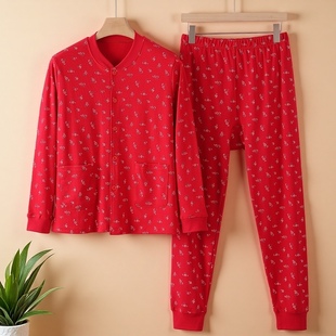 线衣中老年妈妈保暖内衣套装 女士宽松加大棉毛衫 秋衣秋裤 纯棉开衫