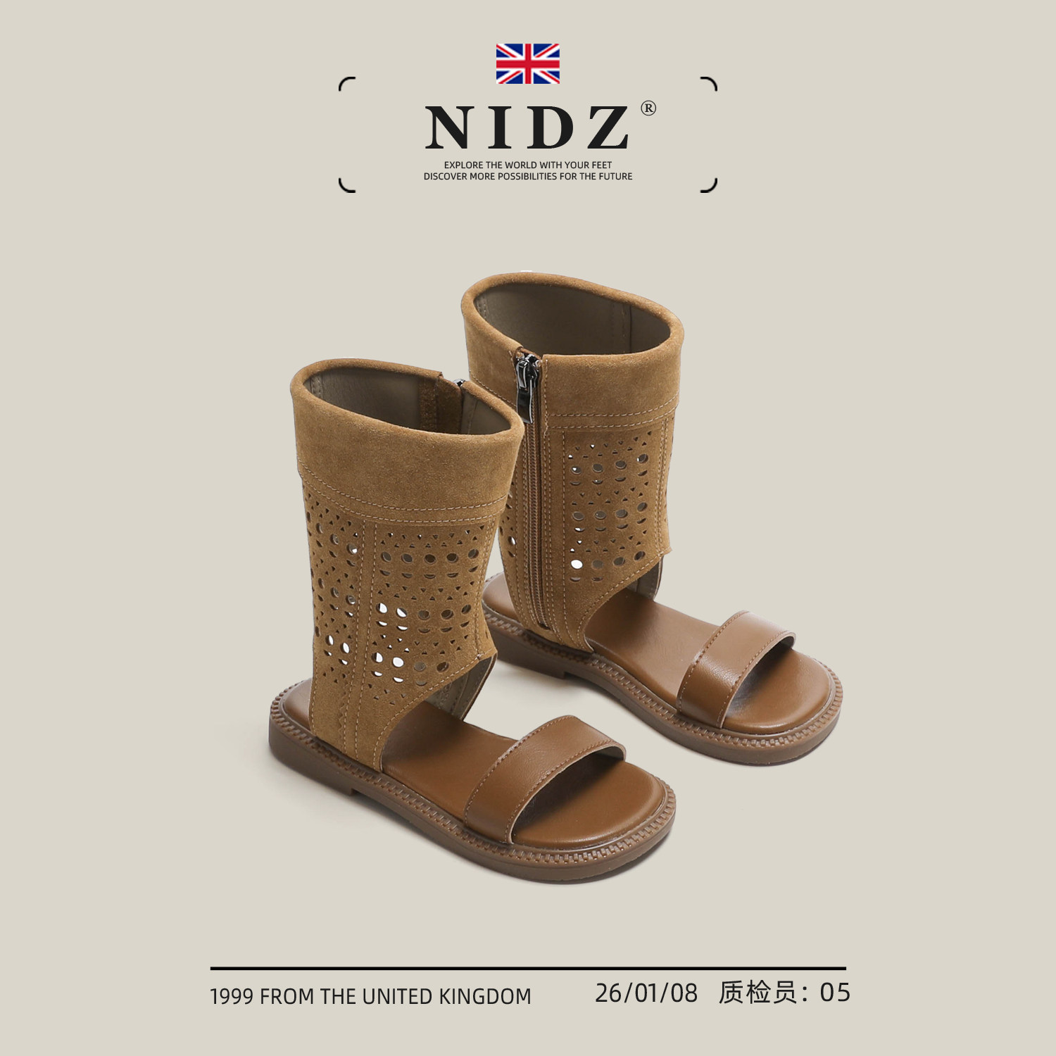 NIDZ小女孩露趾罗马靴子女童中筒凉靴夏季一字带复古儿童高帮凉鞋