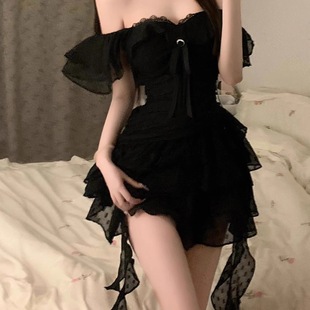 海边度假风黑色拖尾拼接荷叶边 甜辣纯欲风不规则连衣裙女夏季