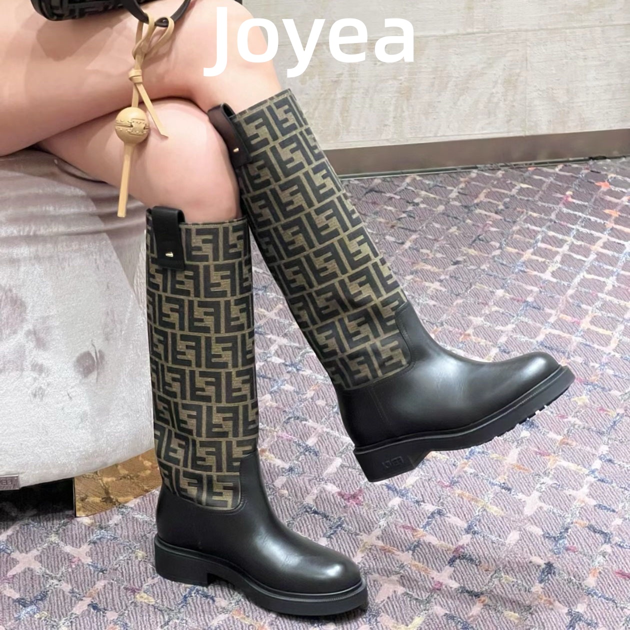 Joyea卓雅 经典复古骑士靴女2025秋冬新款牛皮拼接刺绣烟筒长靴