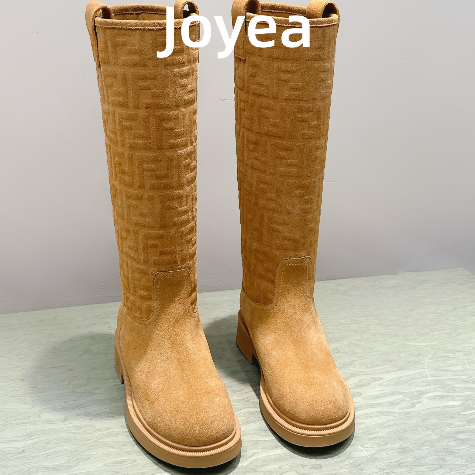 Joyea卓雅 磨砂皮压纹F长筒靴女2025冬季新款时尚百搭烟筒骑士靴
