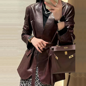 头层真皮皮衣女2026秋高级感V领系带收腰中长款 绵羊皮外套 小西装