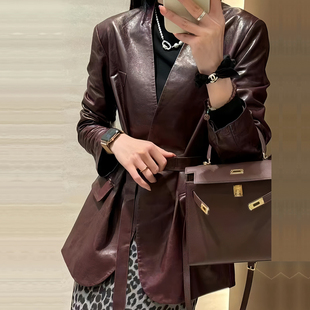 头层真皮皮衣女2026秋高级感V领系带收腰中长款 绵羊皮外套 小西装