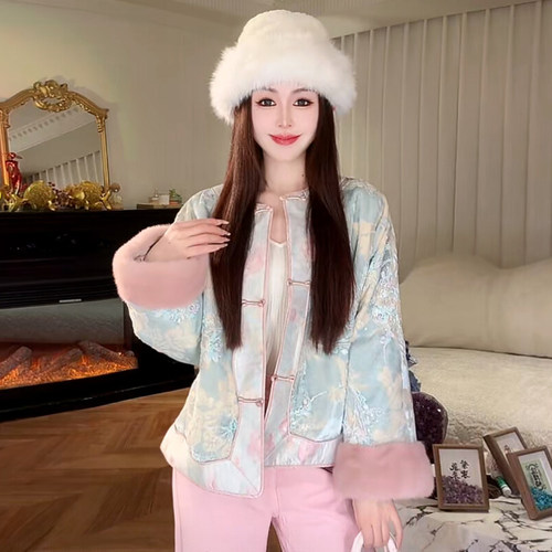 2025冬新款国风新中式水貂毛金属丝桑蚕丝加厚外套女圆领盘扣上衣