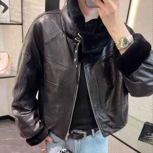 2025冬季羊毛领真皮鹅绒羽绒服女士绵羊皮夹克宽松机车保暖外套