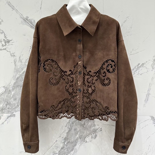 进口绒面羊皮镂空刺绣真皮皮衣女2025秋反绒绵羊皮小短款衬衫外套