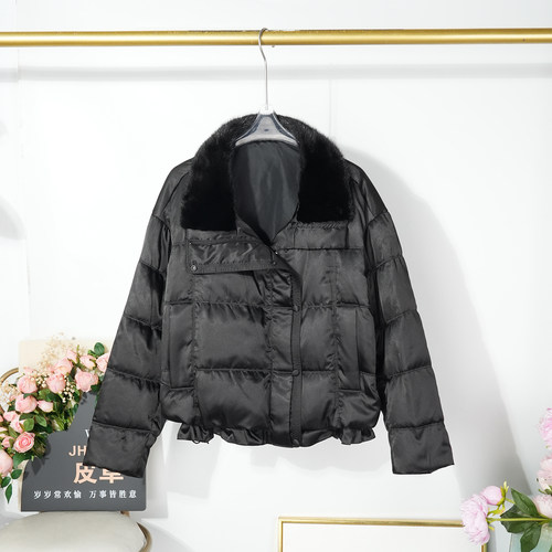 2025冬季水貂毛领缎面排骨羽绒服女士鹅绒外套加厚夹克衫面包服潮