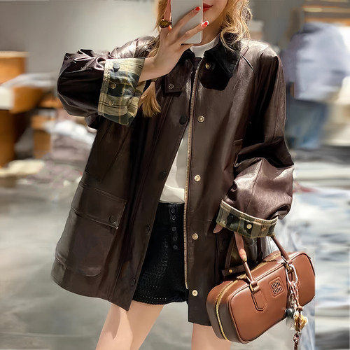真皮皮衣女中长款翻领拼格子绵羊皮夹克外套宽松显瘦皮风衣2025春