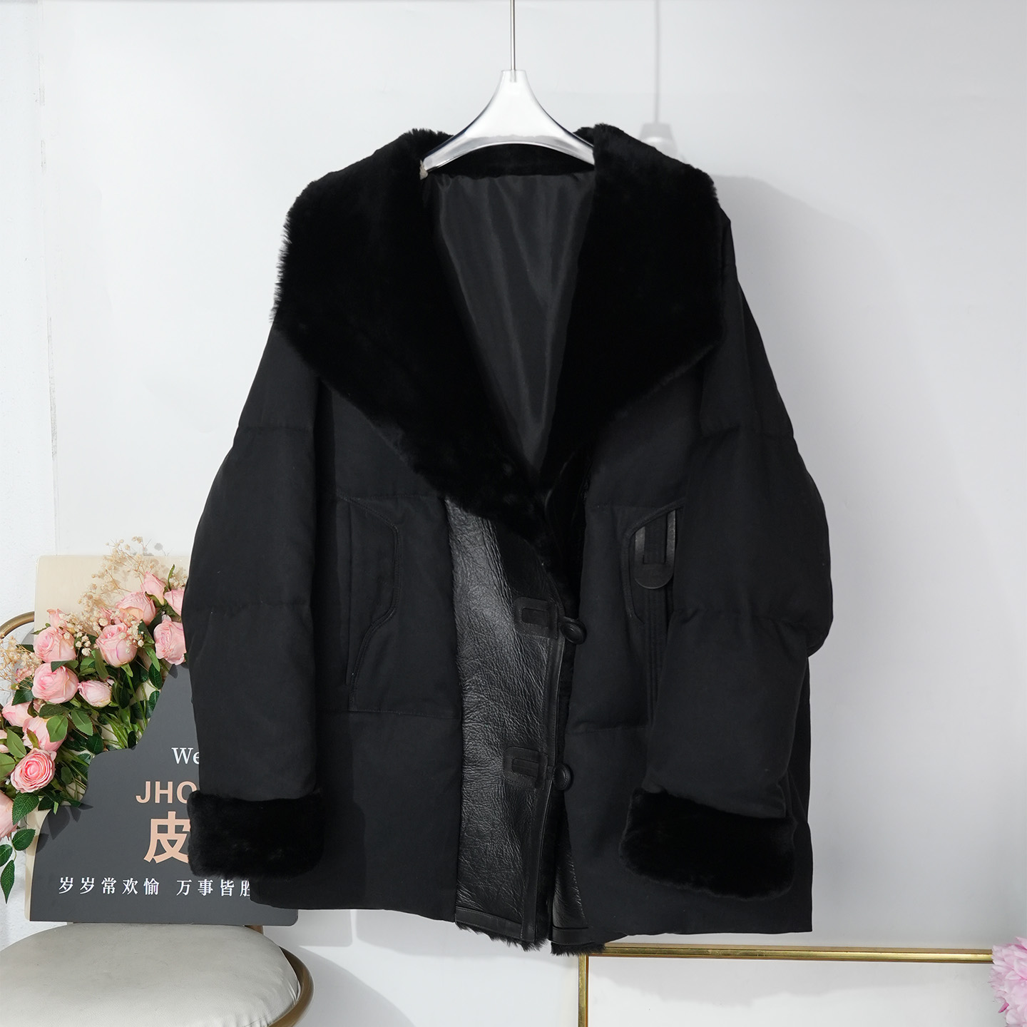 2025冬季高级皮毛一体亚麻羽绒服女士鹅绒夹克加厚面包服大衣外套