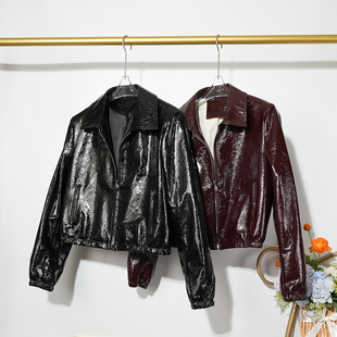 倪妮同款 皮衣短外套女2026春高级亮面红色显瘦皮夹克 真皮绵羊皮