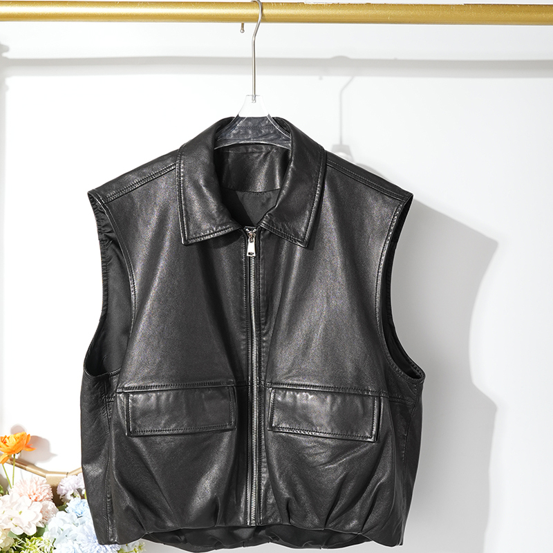 2025早秋羊皮时尚短马甲真皮背心女