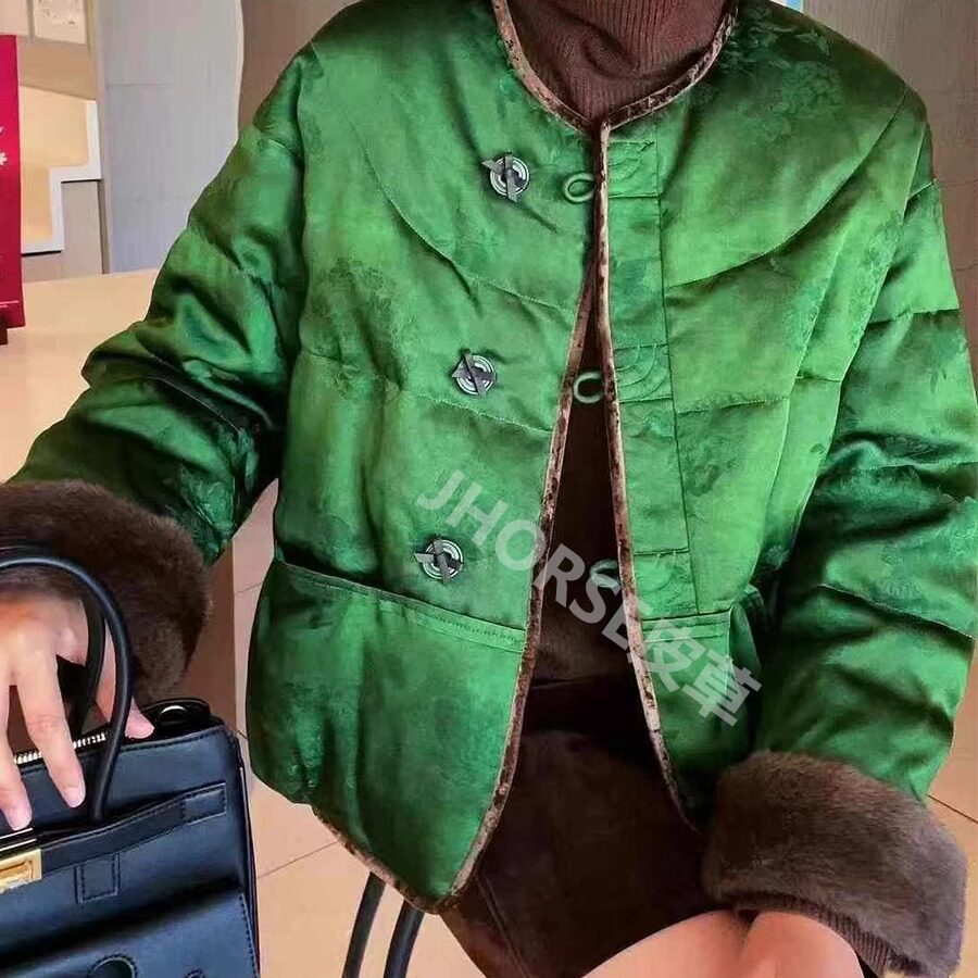 欧洲站进口水貂毛蝴蝶结皮扣鹅绒皮草羽绒服短外套女新中式2024冬