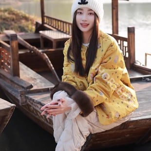 财神到新中式鹅绒服拼水貂毛皮草羽绒服外套女短款保暖2025新款