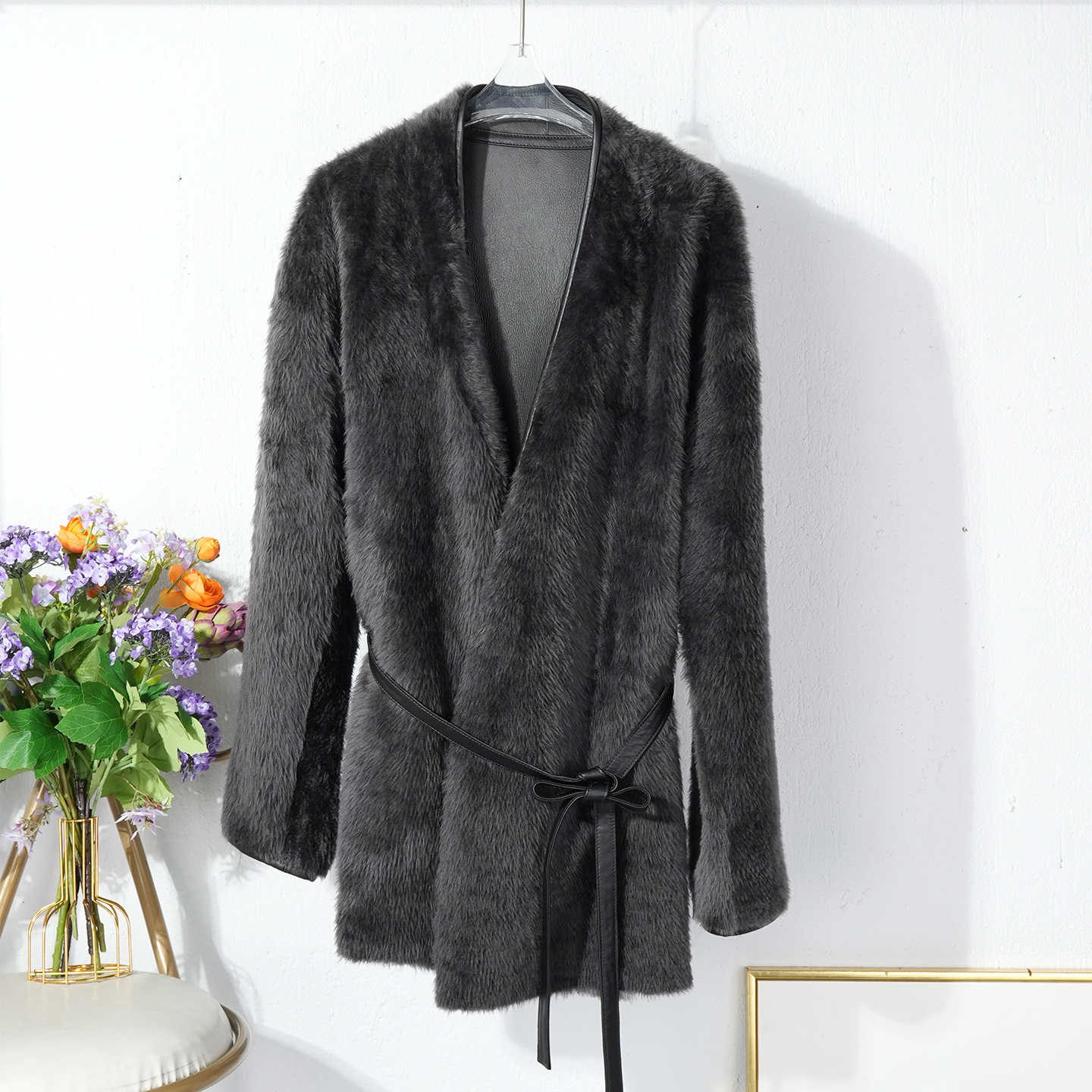 进口拉贡羊羔毛皮毛一体外套女系带收腰2025冬中长款真皮皮草大衣