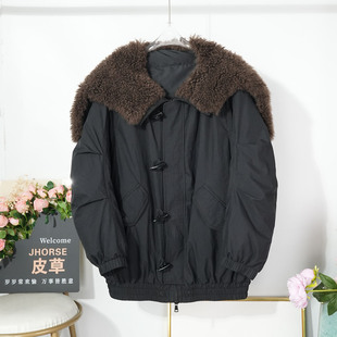 2025冬季高级山羊绒大毛领羽绒服女士宽松牛角扣鹅绒大衣加厚外套