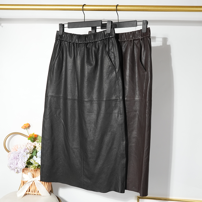 高级感纯色开叉真皮半身裙女植鞣绵羊皮裙子2024秋季松紧腰中长裙