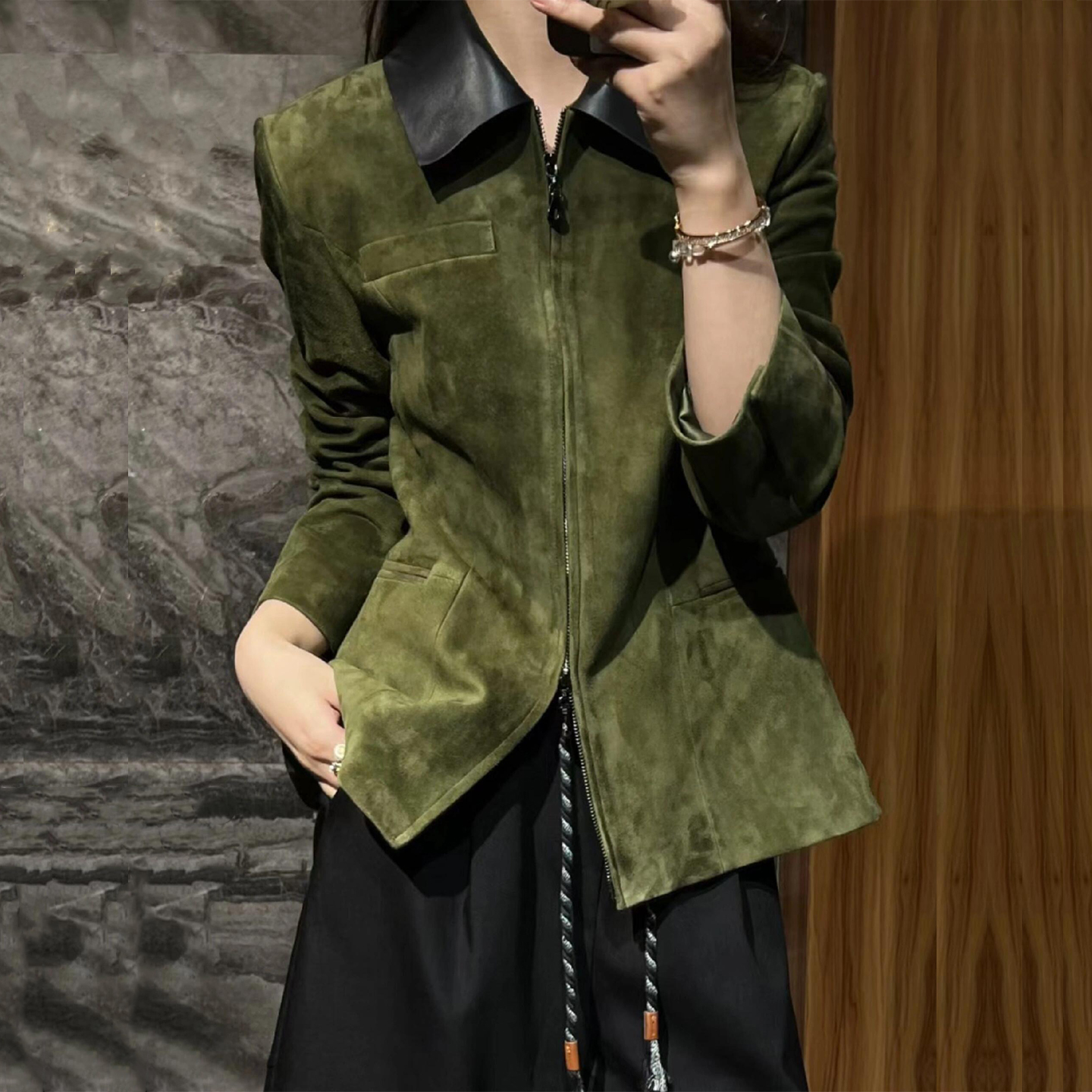 进口绒面真皮皮衣外套2025秋冬复古老钱绒面高级羊皮夹克通勤显瘦